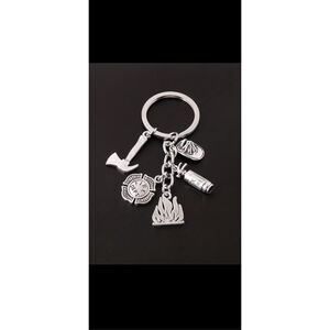 Firefighter Charm Keychain Fire Dept Helmet Axe Flame Silver Tone Gift